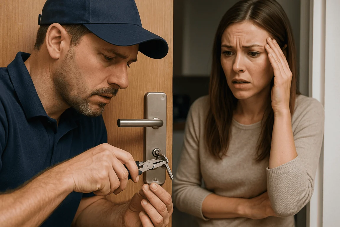 A worried woman and a locksmith removing a broken door key