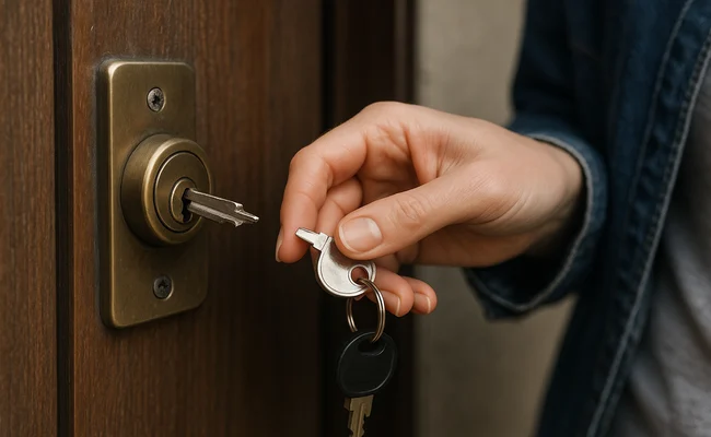 A broken key on a door keyhole.