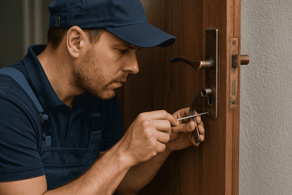 A locksmith doing a key extraction from a door