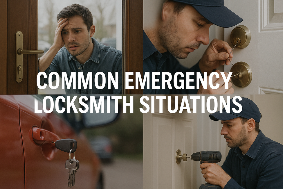 Emergency locksmith scenarios showing home lockout, car access, and lock repair services.