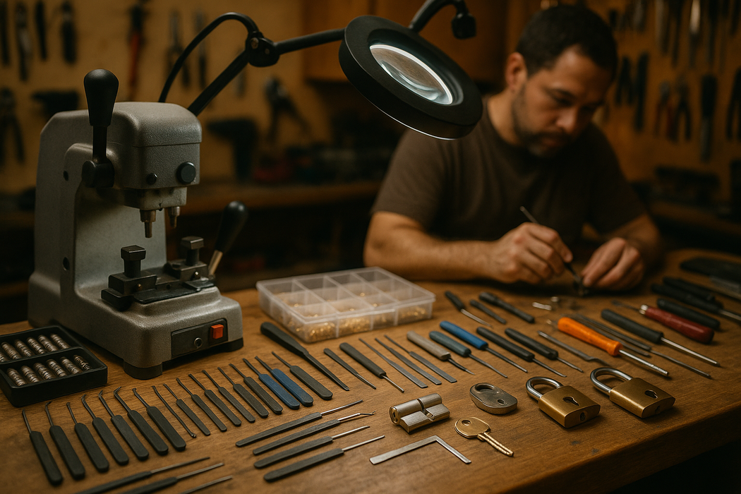 Professional emergency locksmith tools and equipment displayed on workshop table.
