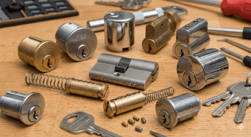 Assorted lock cylinders, keys, and parts on a wooden workbench.