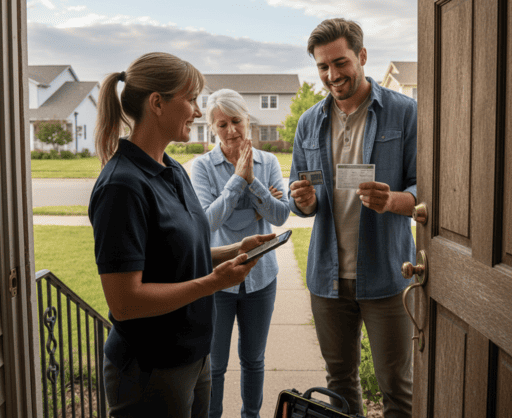 A female locksmith showing digital documentation to homeowners.