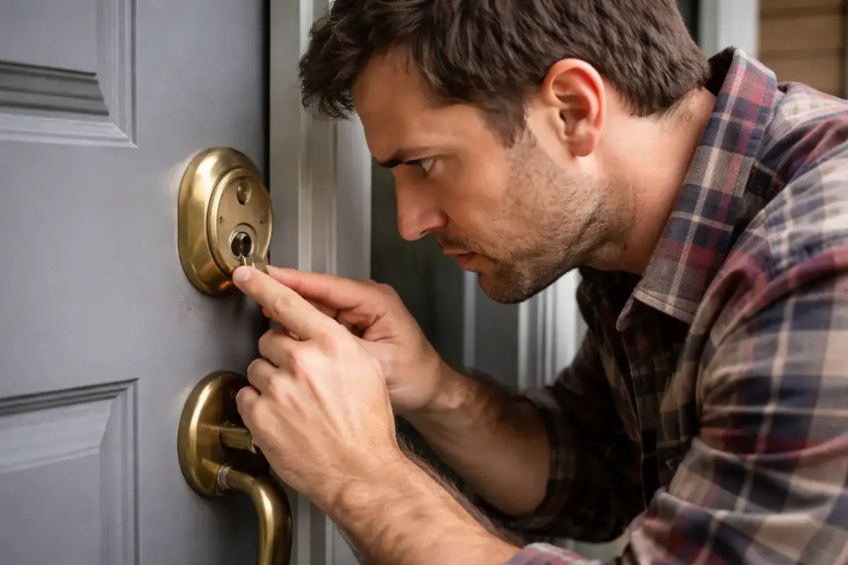 Inspecting the damaged lock closely