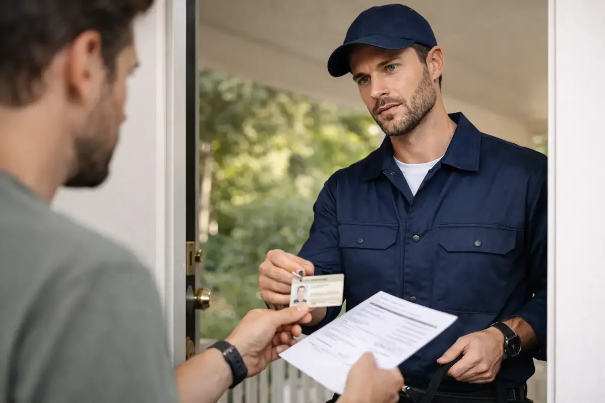 Locksmith verifying homeownership documents at a residential property