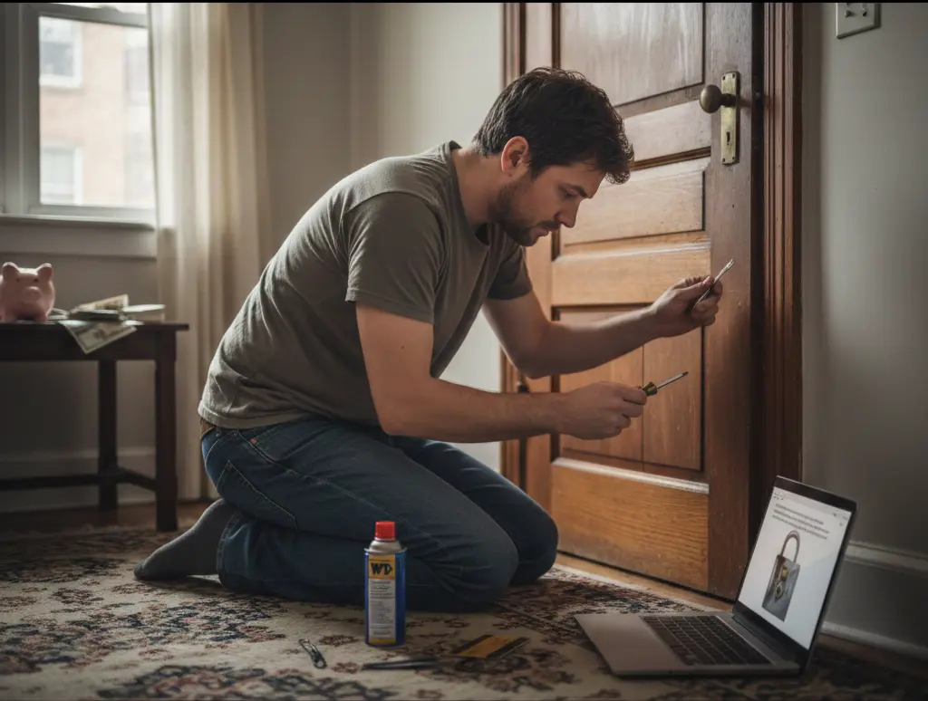 Man fixing door lock with tools and laptop