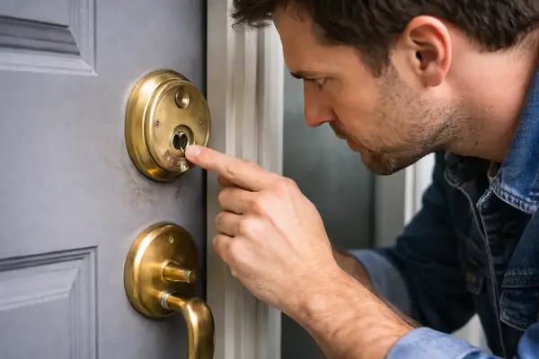 Man inspecting damaged keyhole on front door lock