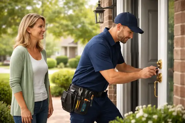 Professional locksmith performing lock service at a home