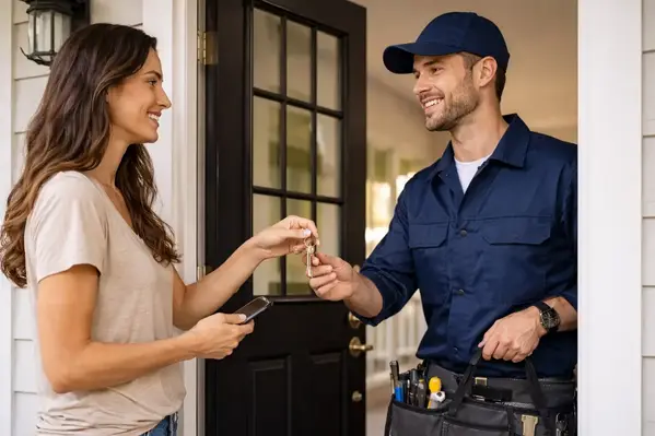 Woman hiring a professional locksmith