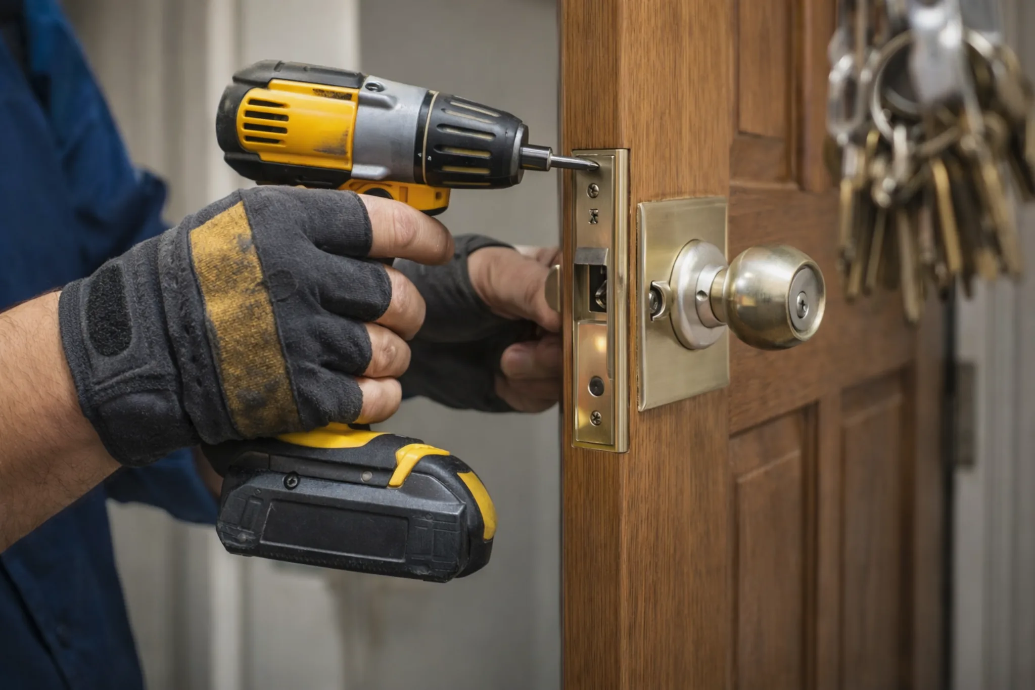 Locksmith in Whittier, MN installing the new door knob