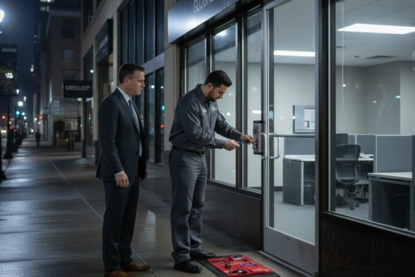 Commercial locksmith servicing a business door in Highland Park, MN.