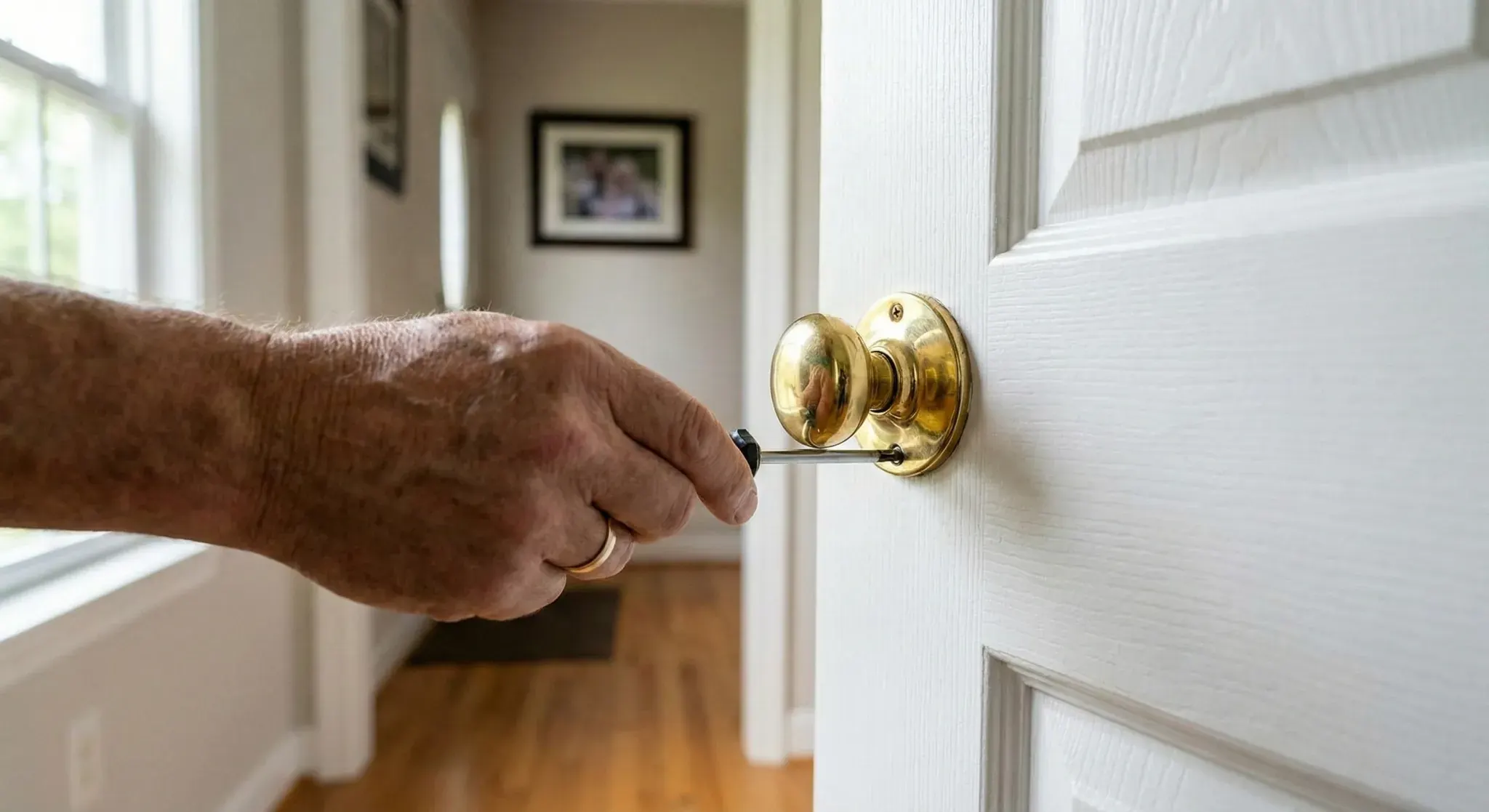 a man installing a new door knob