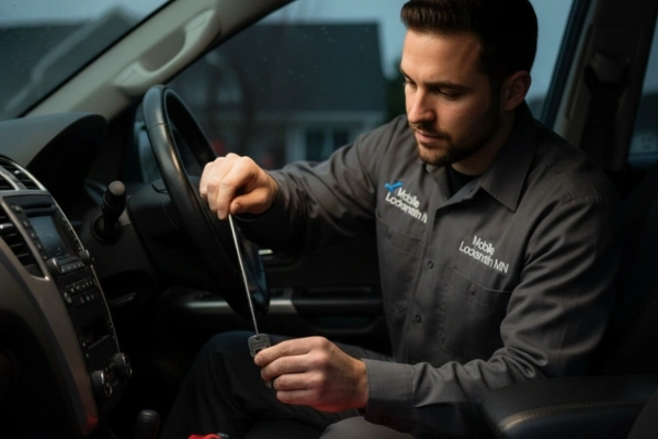 Locksmith extracting a broken key from a lock in Highland Park, MN.