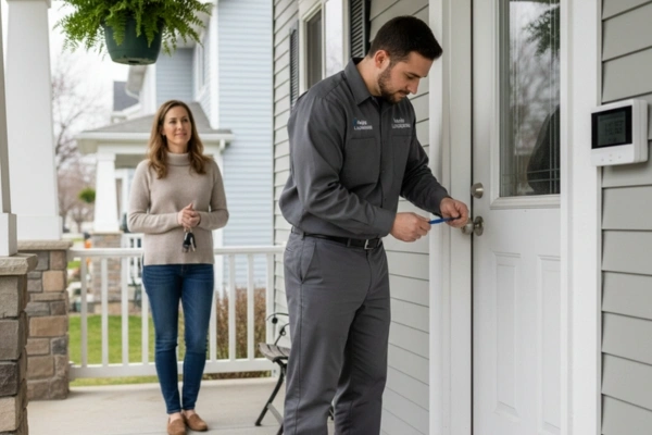 Residential locksmith working on a home lock in Highland Park, MN.