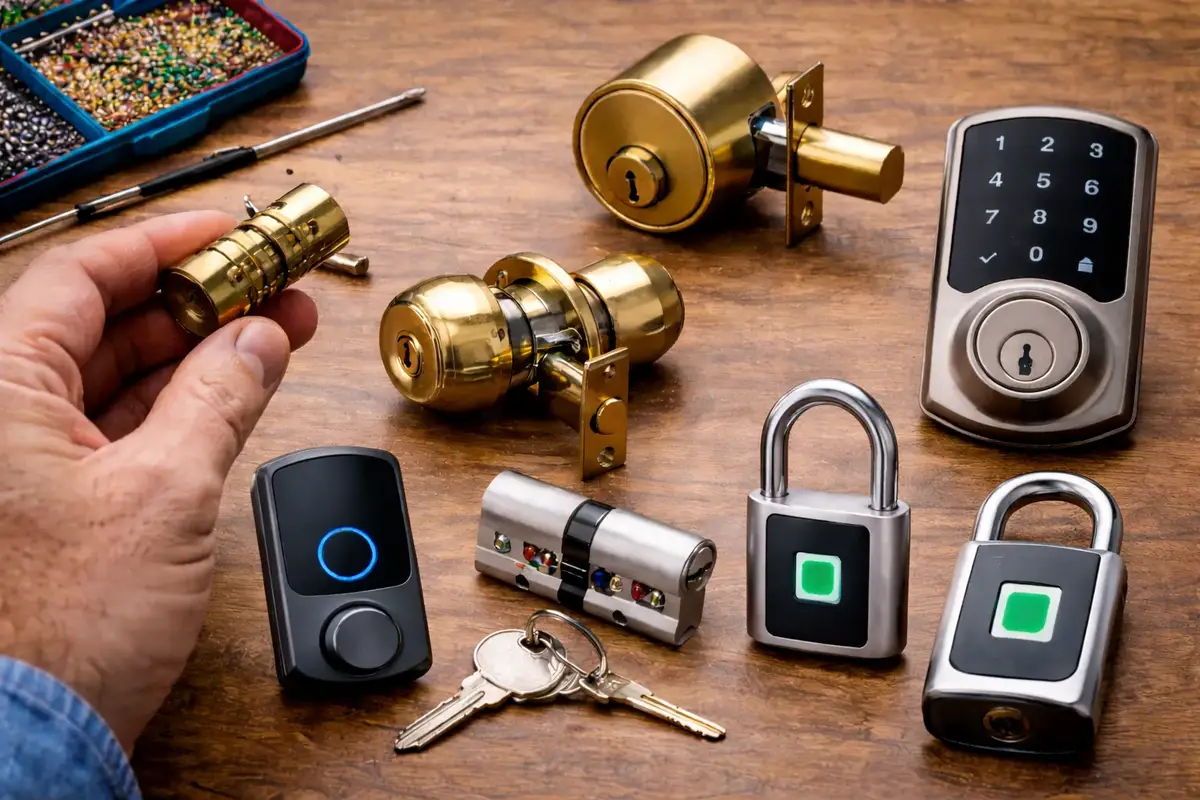 Assortment of lock types including deadbolt knob lock smart keypad lock and fingerprint padlocks