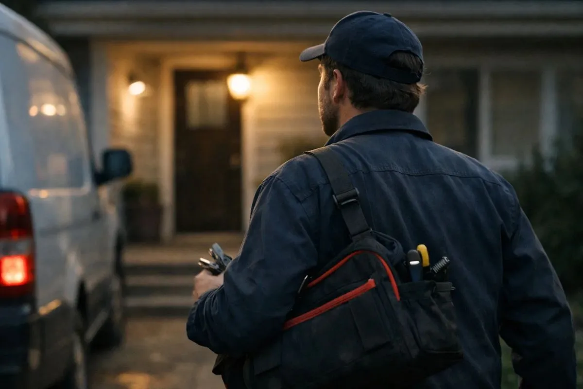 Emergency locksmith arriving at residential house door