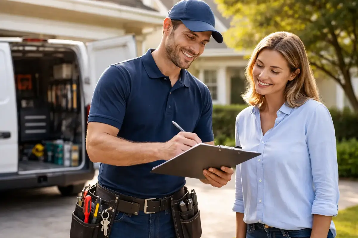 Professional locksmith talking to client