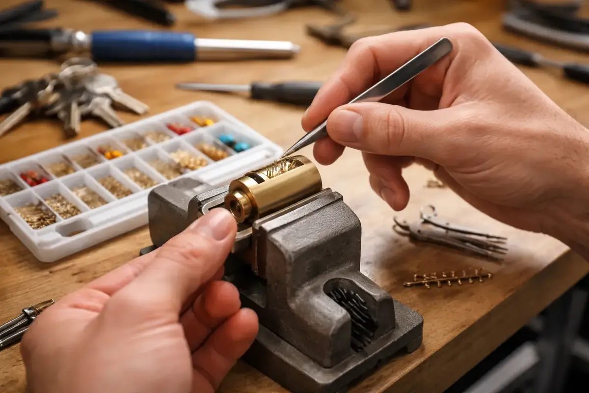 Locksmith repinning a brass lock cylinder at a workbench