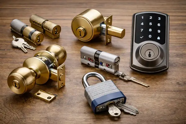 Deadbolt knob lock keypad smart lock padlock and euro cylinder on a wooden surface