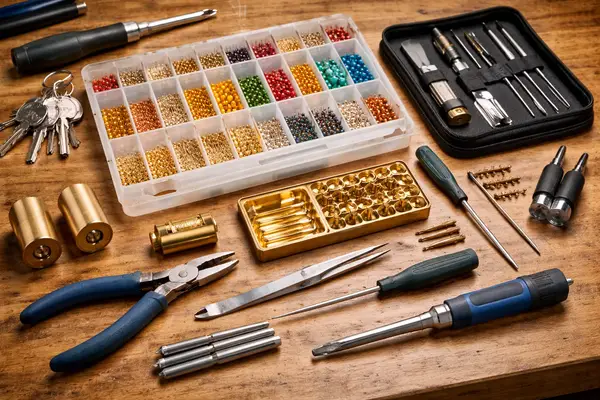Professional locksmith tools and color-coded pin kit