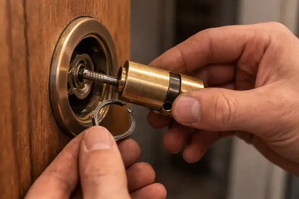 Locksmith removing a brass lock cylinder