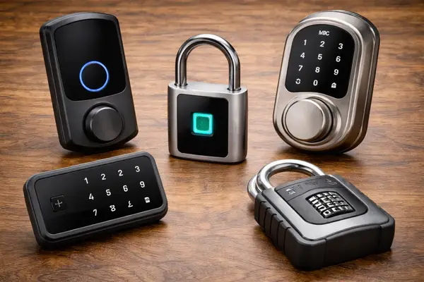 Smart lock devices including fingerprint padlock keypad deadbolt and key lockbox
