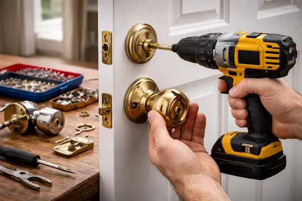 Locksmith installing a brass doorknob and deadbolt with a power drill