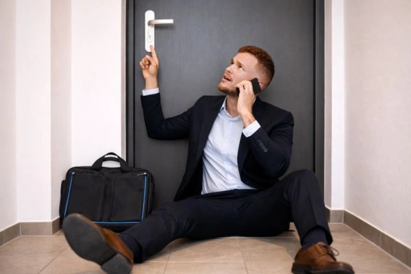 Man struggling to open locked door