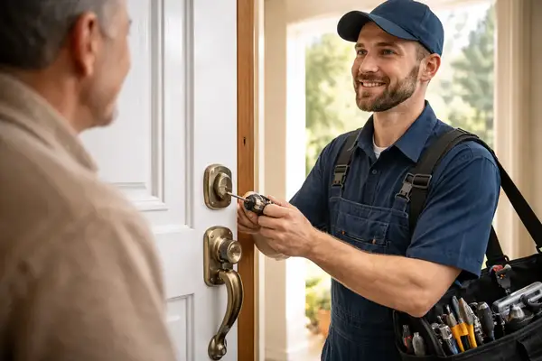 Locksmith technician repairing a front door deadbolt