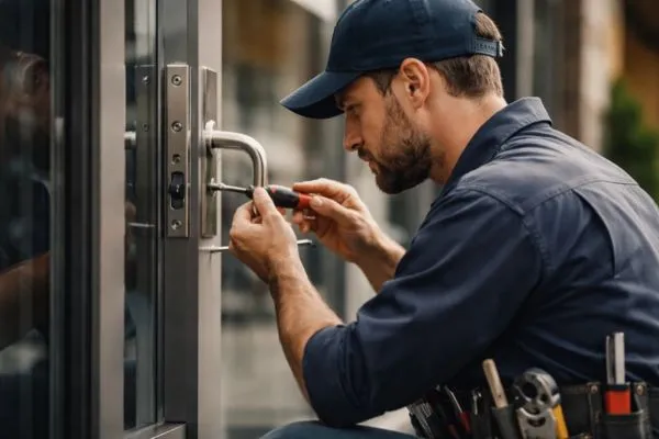 Commercial locksmith repairing a door lock