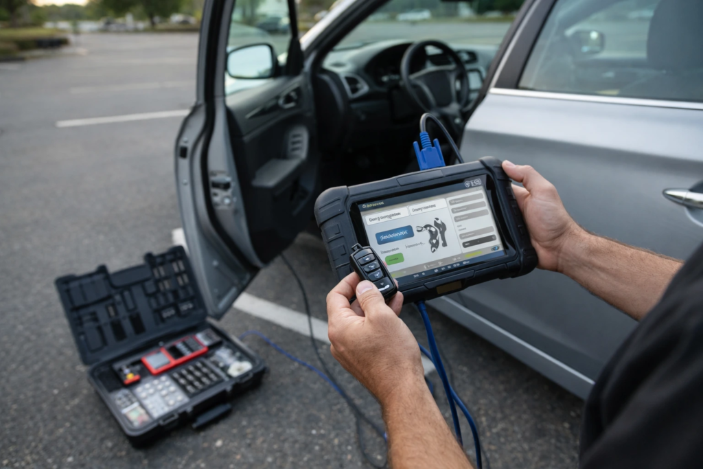 Locksmith rekeying a front door deadbolt lock