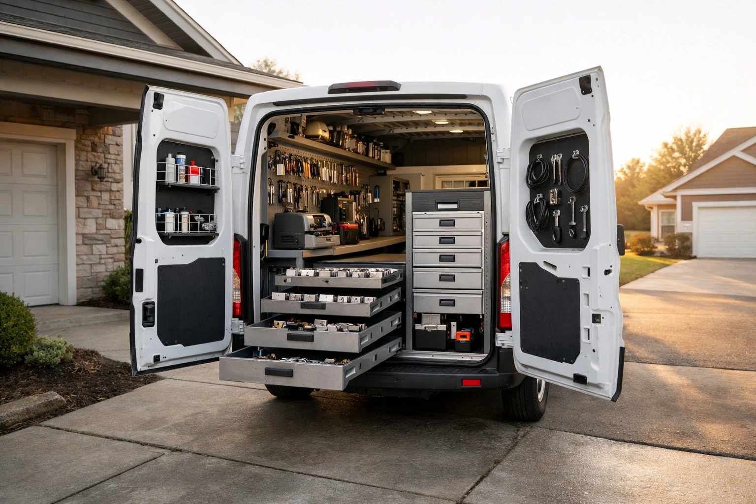 Mobile locksmith van with tools parked at residential home