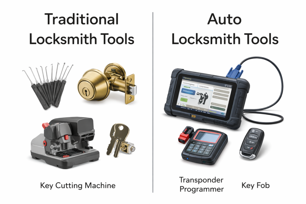Infographic comparing general vs auto locksmith tools