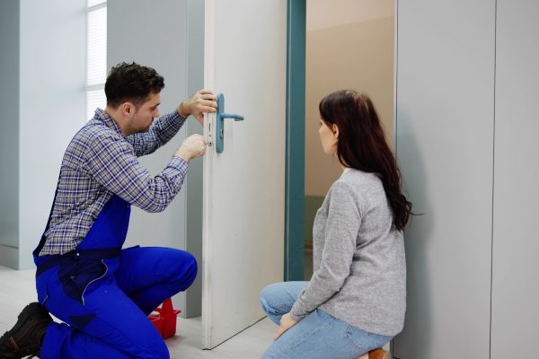 Homeowner watches the locksmith repair their door.