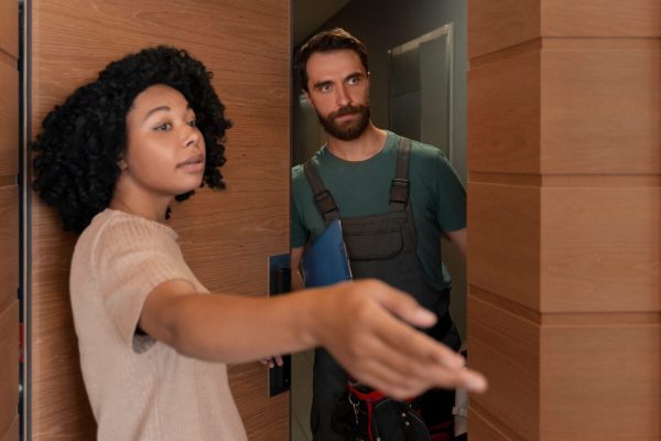 Professional locksmith talking to a client