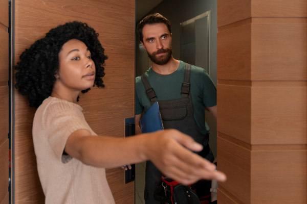 Professional locksmith talking to a client